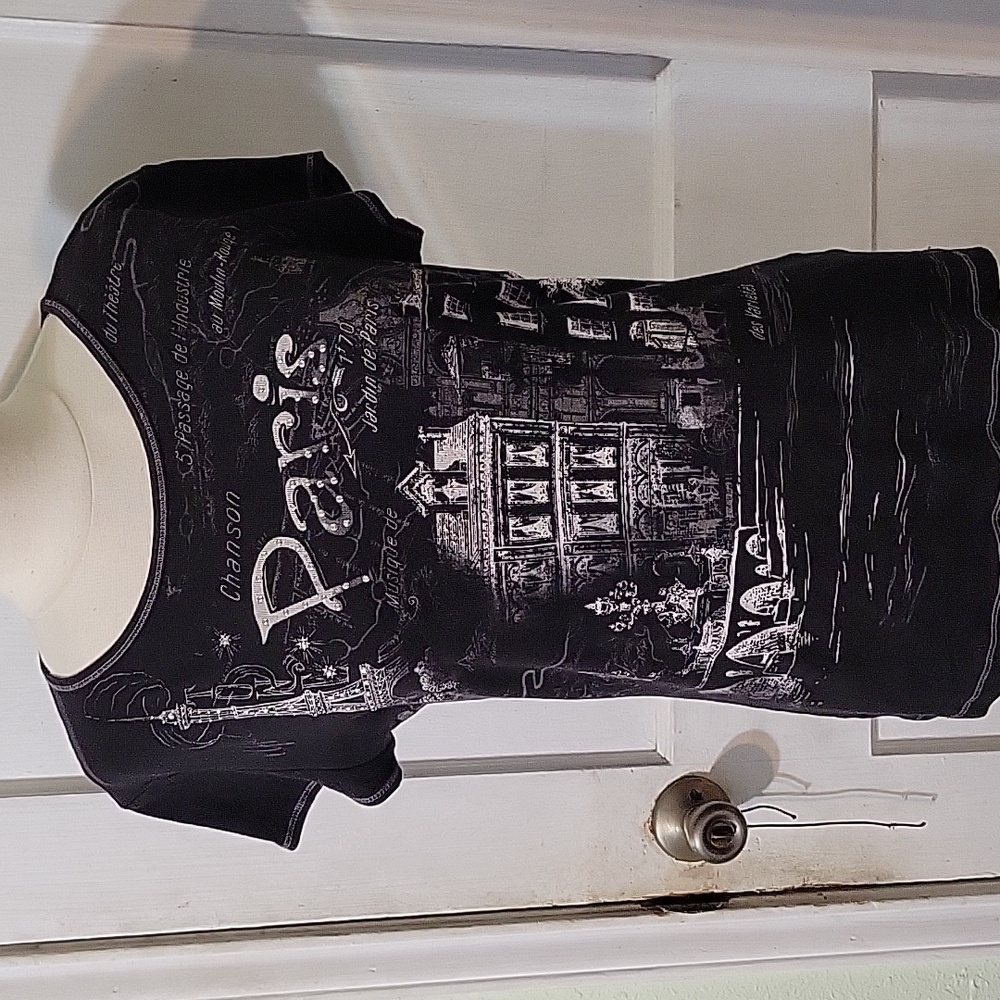 Blue Canyon Y2K Women's L Black White Rhinestone Paris All Over Graphic Tshirt
